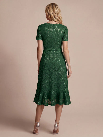 Sequin Lace Puff Sleeve Wedding Guest Dress #color_Dark Green