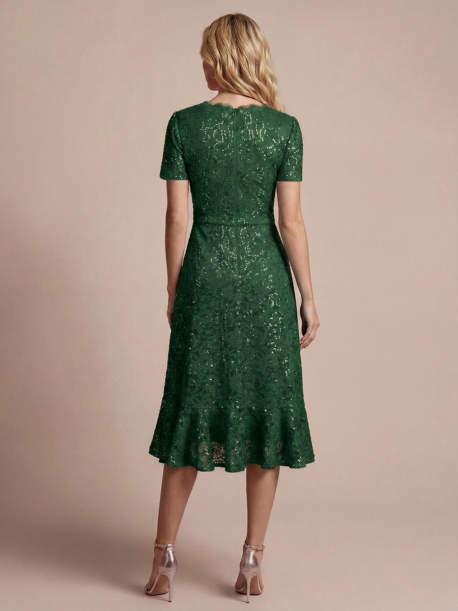 Sequin Lace Puff Sleeve Wedding Guest Dress #color_Dark Green