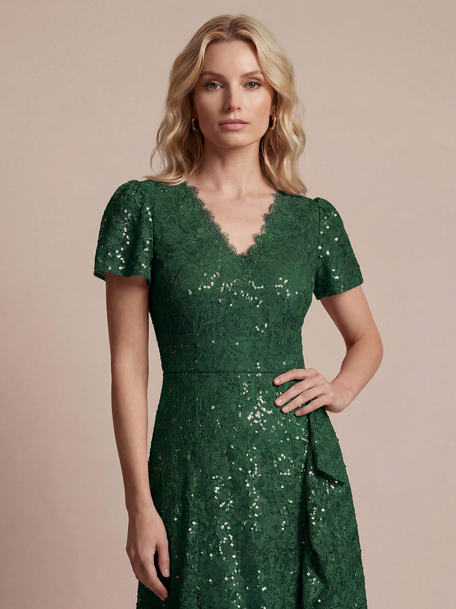 Sequin Lace Puff Sleeve Wedding Guest Dress #color_Dark Green