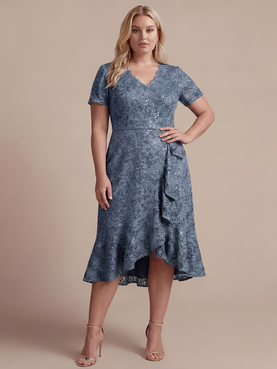 Plus Size Lace High Low Wedding Guest Dress #color_Dusty Blue