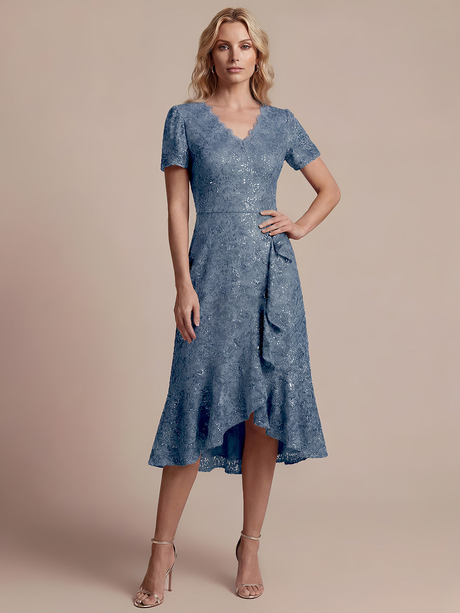 Sequin Lace Puff Sleeve Wedding Guest Dress #color_Dusty Blue