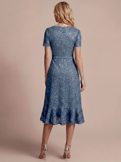 Sequin Lace Puff Sleeve Wedding Guest Dress #color_Dusty Blue