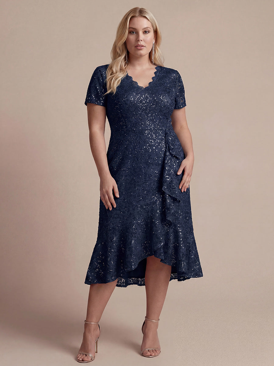 Sequin Lace Puff Sleeve Wedding Guest Dress #color_Navy Blue