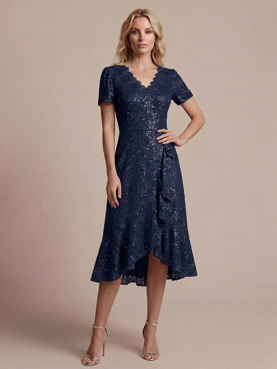 Sequin Lace Puff Sleeve Wedding Guest Dress #color_Navy Blue