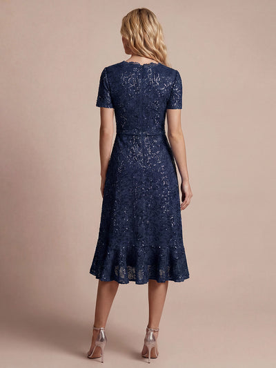 Sequin Lace Puff Sleeve Wedding Guest Dress #color_Navy Blue