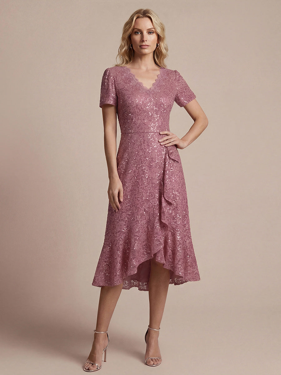 Sequin Lace V-Neck Midi Wedding Guest Dress with Short Sleeves - Ever-Pretty US Sequin Lace V-Neck Midi Wedding Guest Dress with Short Sleeves - Ever-Pretty US