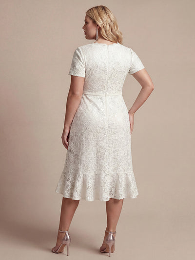 Plus Size Lace High Low Wedding Guest Dress #color_White