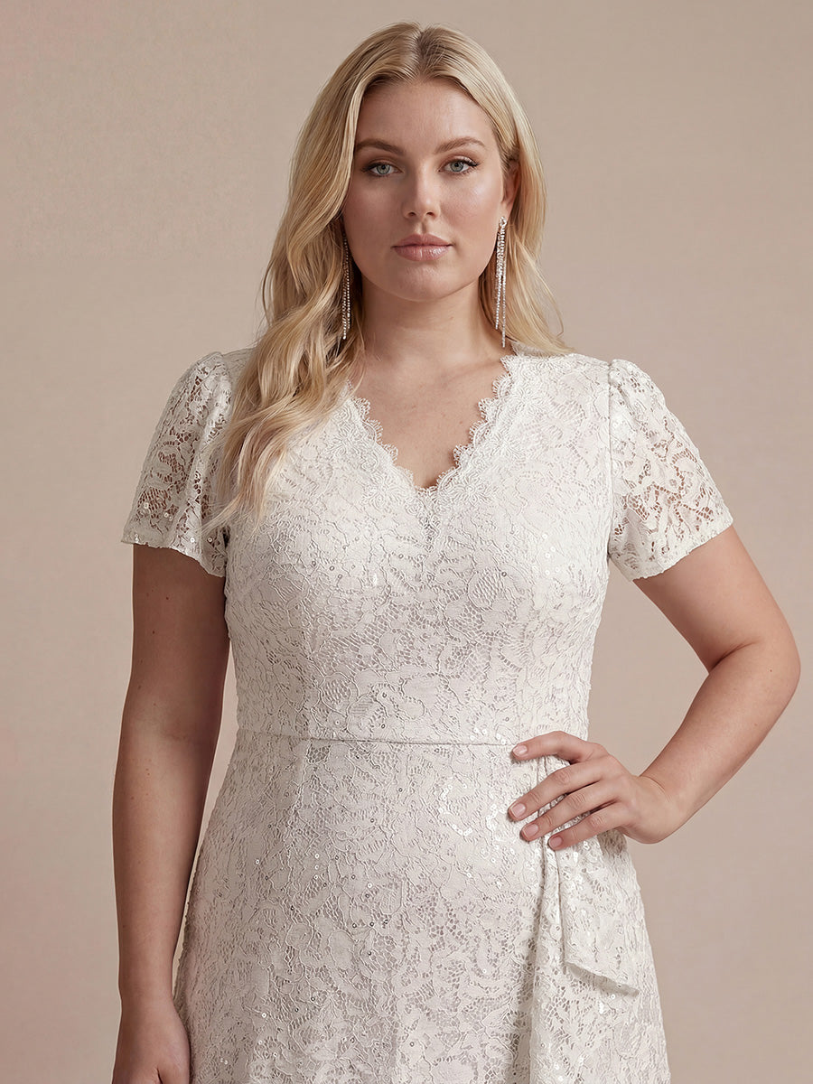 Sequin Lace Puff Sleeve Wedding Guest Dress #color_White
