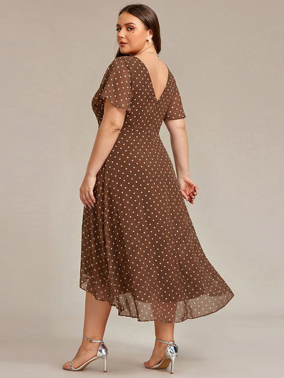 Plus Size Flowing Chiffon V-Neck Ruffle Sleeves Bridesmaid Dress #color_Brown Polka Dots