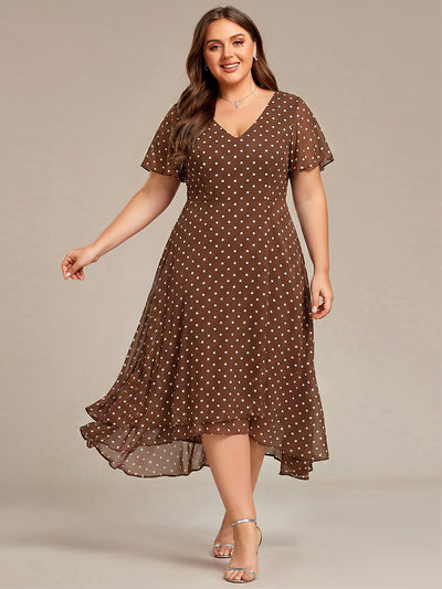 Plus Size Flowing Chiffon V-Neck Ruffle Sleeves Bridesmaid Dress #color_Brown Polka Dots