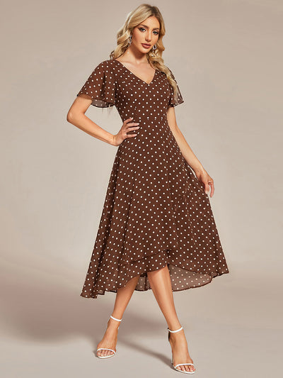 Flowing Chiffon V-Neck Ruffle Sleeves Bridesmaid Dress #color_Brown Polka Dots