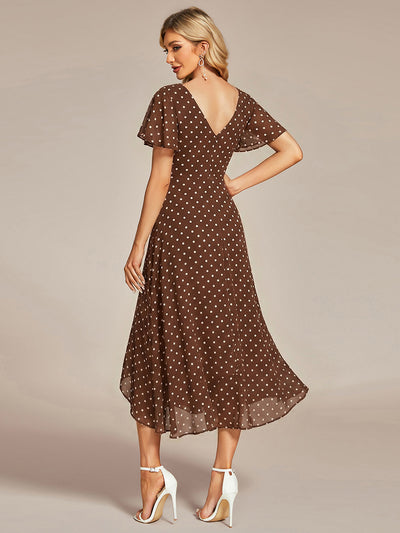 Flowing Chiffon V-Neck Ruffle Sleeves Bridesmaid Dress #color_Brown Polka Dots