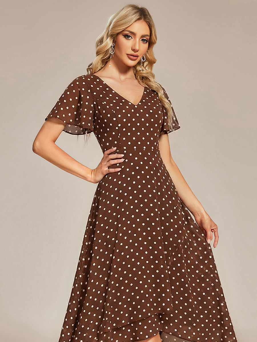 Flowing Chiffon V-Neck Ruffle Sleeves Bridesmaid Dress #color_Brown Polka Dots