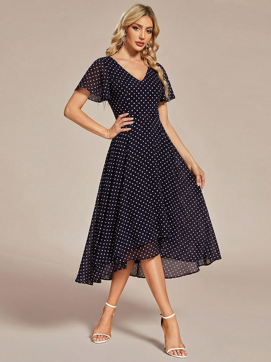 Flowing Chiffon V-Neck Ruffle Sleeves Bridesmaid Dress #color_Navy Blue Polka Dots