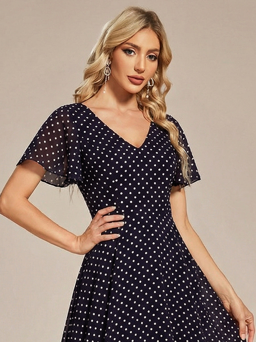 Flowing Chiffon V-Neck Ruffle Sleeves Bridesmaid Dress #color_Navy Blue Polka Dots
