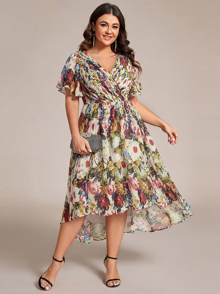 Chic V Neck Asymmetrical Hem Ruffles Sleeve Pleated Chiffon Wedding Guest Dress #color_Printed Cream