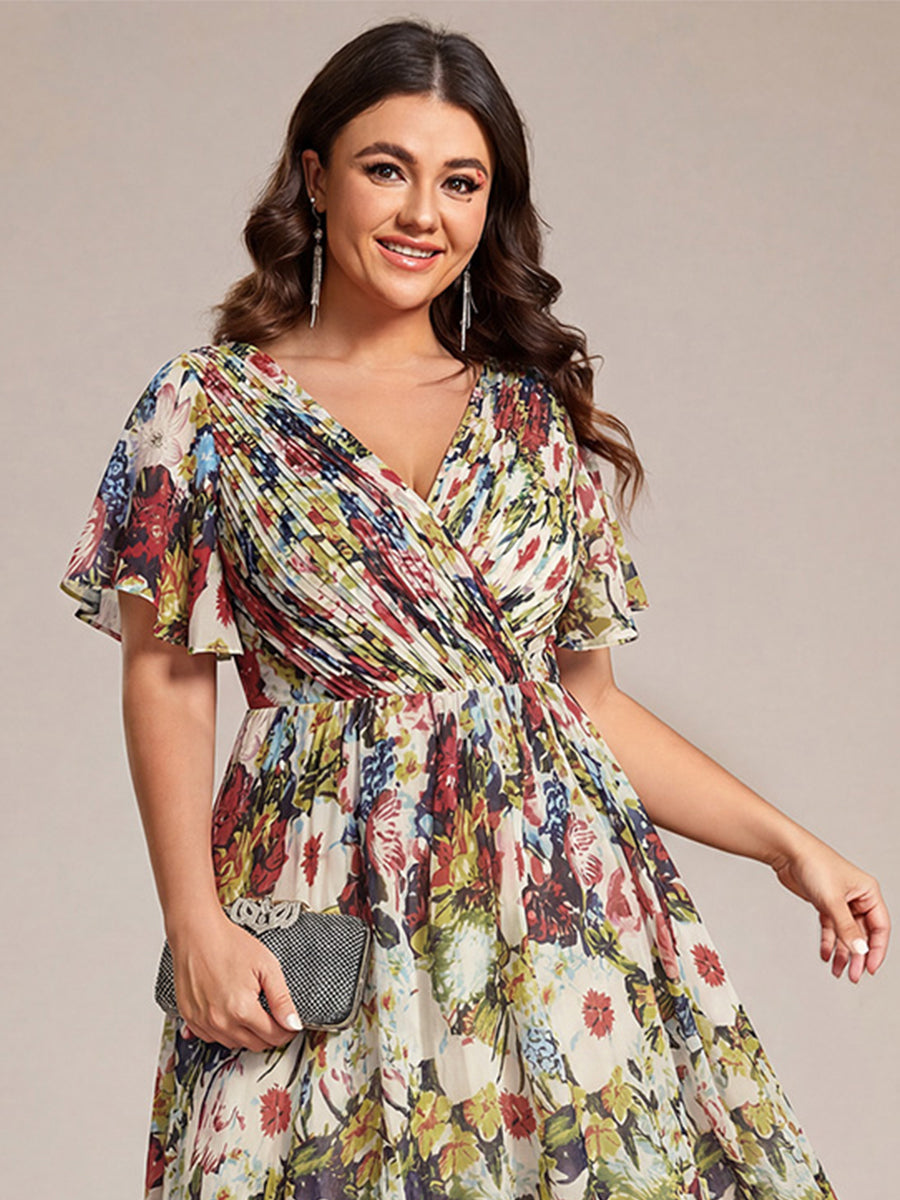 Plus Size V-Neck Pleated Chiffon Midi Wedding Guest Dress #color_Printed Cream