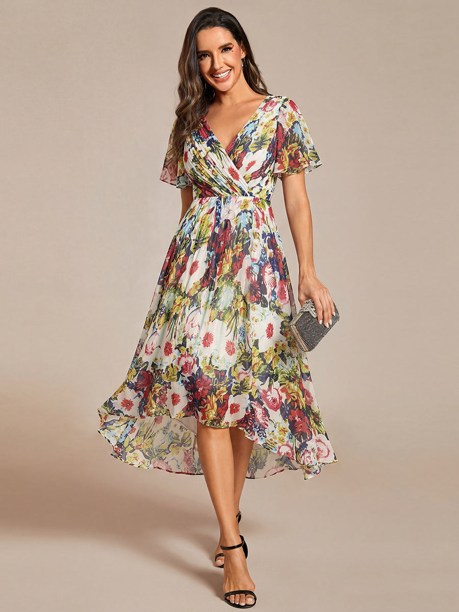 Chic V Neck Asymmetrical Hem Ruffles Sleeve Pleated Chiffon Wedding Guest Dress #color_Printed Cream