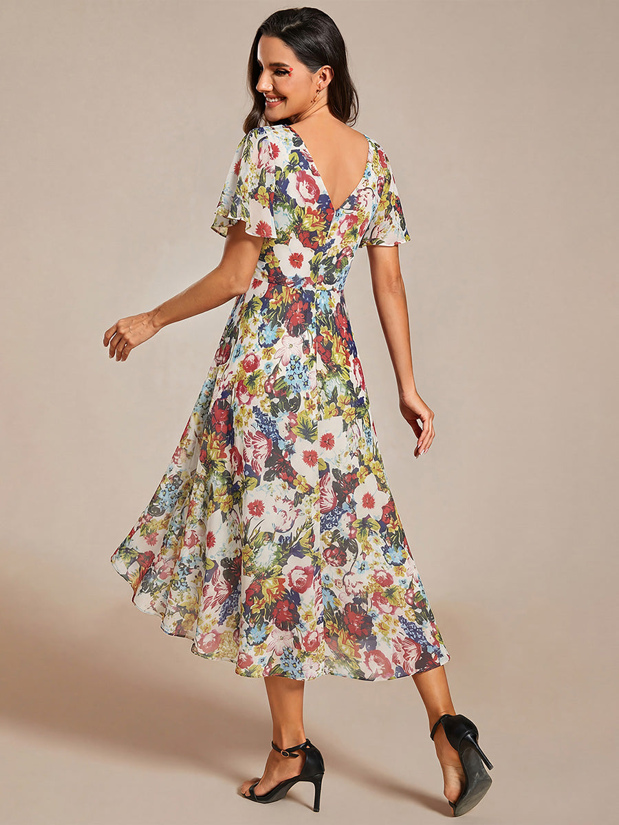 Chic V Neck Asymmetrical Hem Ruffles Sleeve Pleated Chiffon Wedding Guest Dress #color_Printed Cream