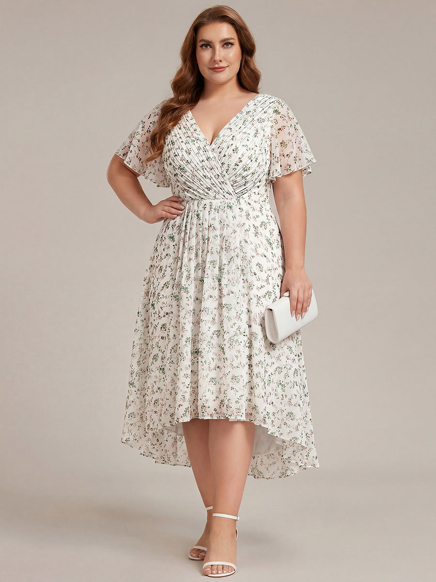 Chic V Neck Asymmetrical Hem Ruffles Sleeve Pleated Chiffon Wedding Guest Dress #color_White Floral