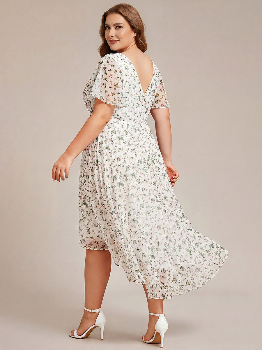 Plus Size Double V-Neck Ruffles Sleeve Chiffon Midi Wedding Guest Dress #color_White Floral