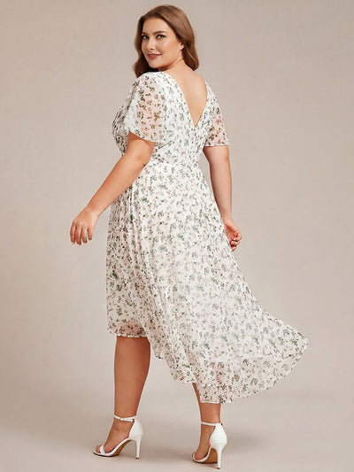 Plus Size V-Neck Pleated Chiffon Midi Wedding Guest Dress #color_White Floral