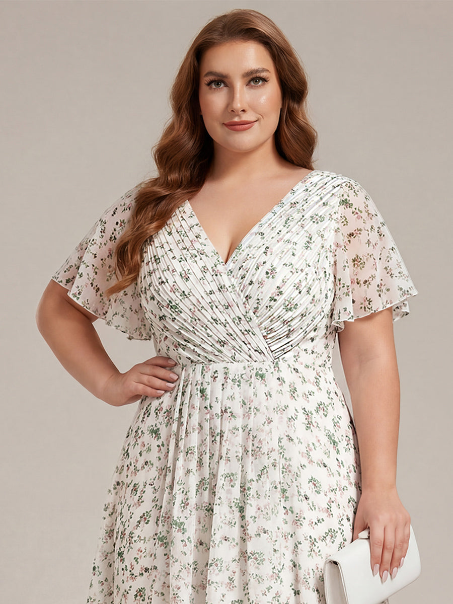 Plus Size Double V-Neck Ruffles Sleeve Chiffon Midi Wedding Guest Dress #color_White Floral