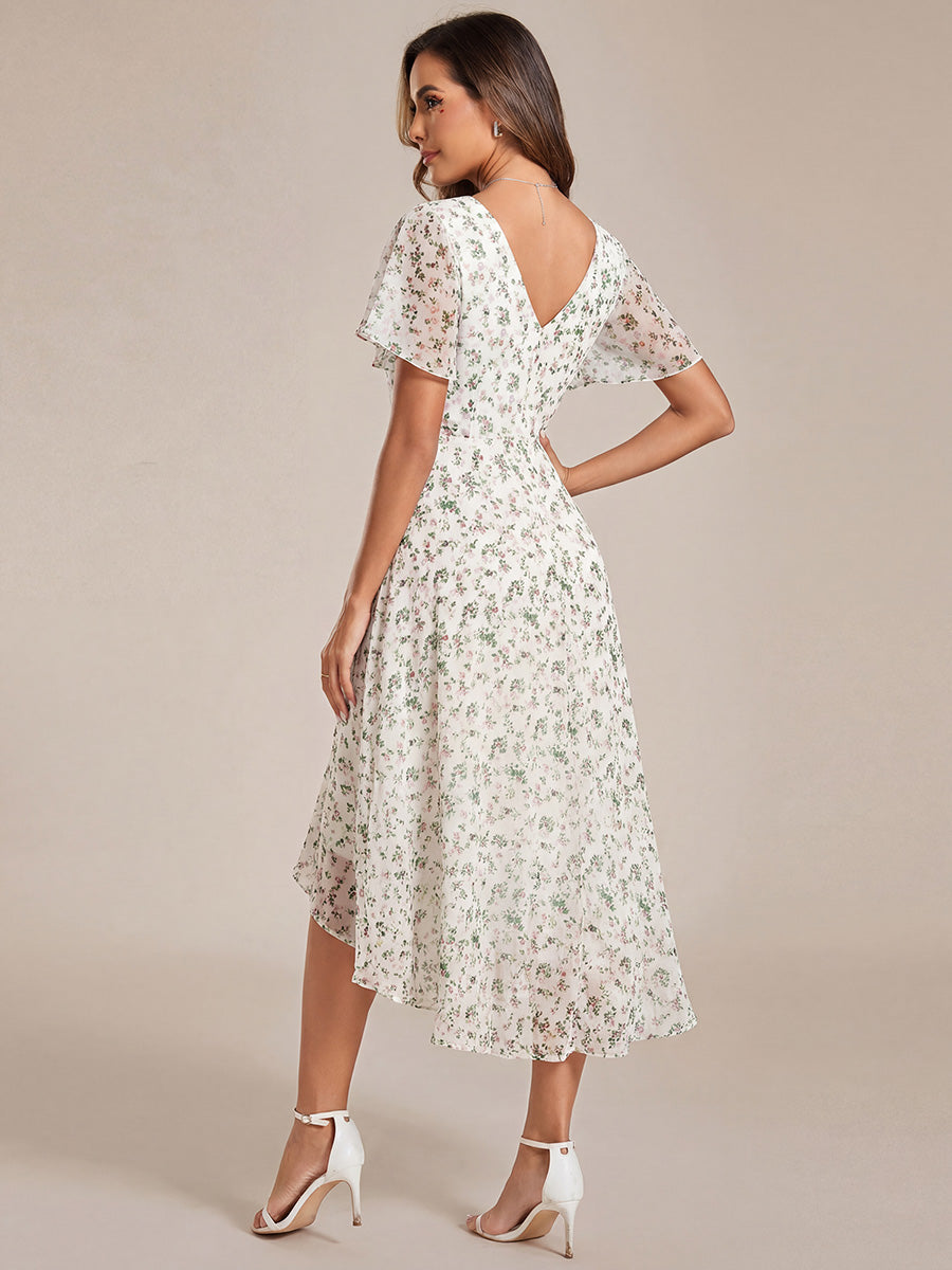 Chic V Neck Asymmetrical Hem Ruffles Sleeve Pleated Chiffon Wedding Guest Dress #color_White Floral