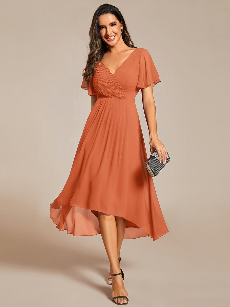 ever FAYE|Elegant V-Neck Flowy High-Low Short Sleeve Wedding Guest Dress