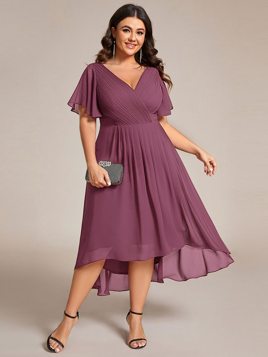 Elegant V-Neck Flowy High-Low Short Sleeve Wedding Guest Dress #color_Damson