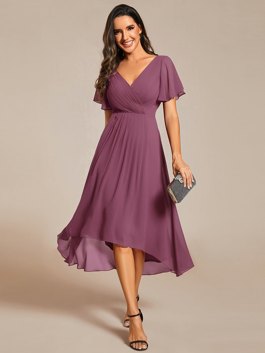 Elegant V-Neck Flowy High-Low Short Sleeve Wedding Guest Dress #color_Damson