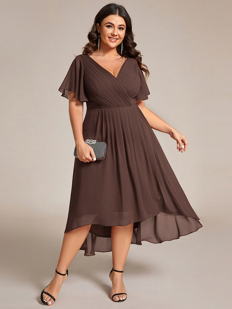 Elegant V-Neck Flowy High-Low Short Sleeve Wedding Guest Dress #color_Espresso