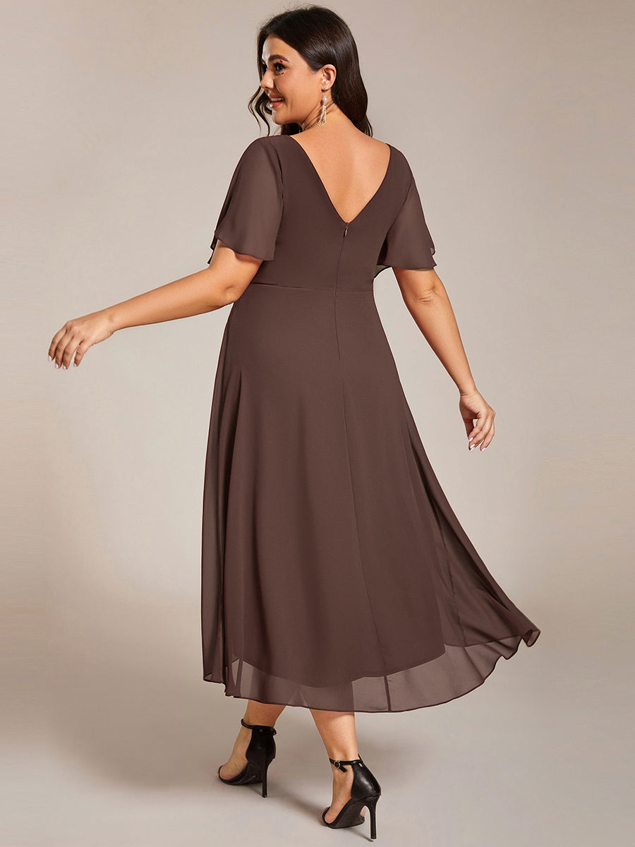Elegant V-Neck Flowy High-Low Short Sleeve Wedding Guest Dress #color_Espresso