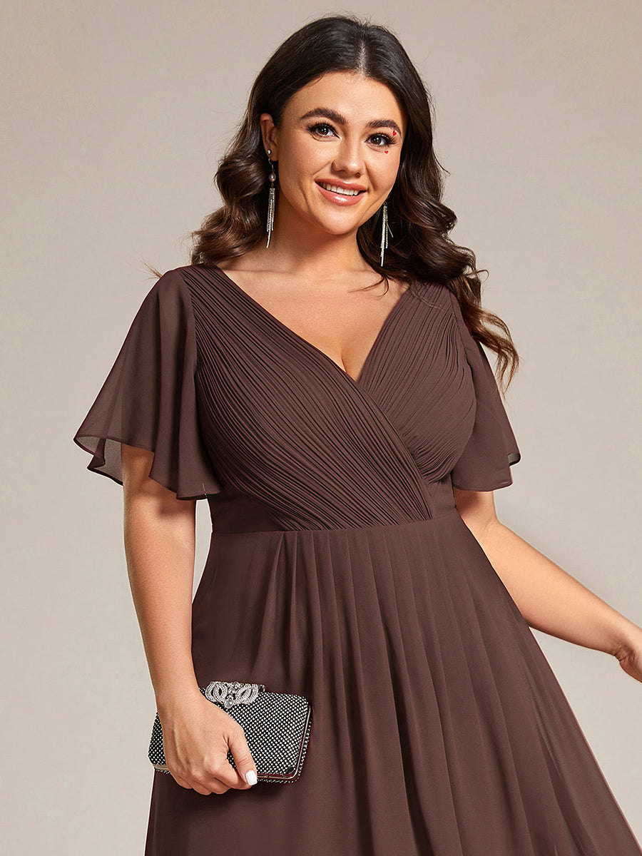 Chic V Neck Asymmetrical Hem Ruffles Sleeve Pleated Chiffon Wedding Guest Dress #color_Espresso