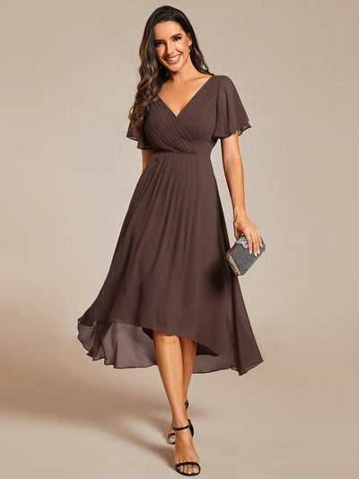 Elegant V-Neck Flowy High-Low Short Sleeve Wedding Guest Dress #color_Espresso