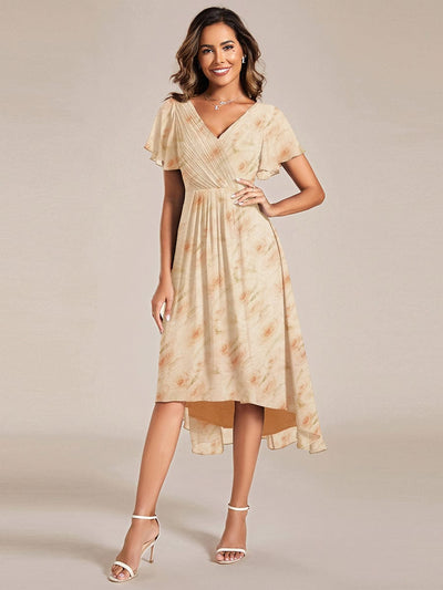 Elegant V-Neck Flowy High-Low Short Sleeve Wedding Guest Dress #color_Golden Roses