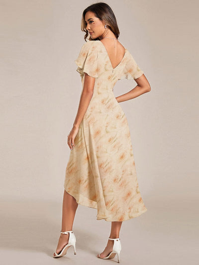 Elegant V-Neck Flowy High-Low Short Sleeve Wedding Guest Dress #color_Golden Roses