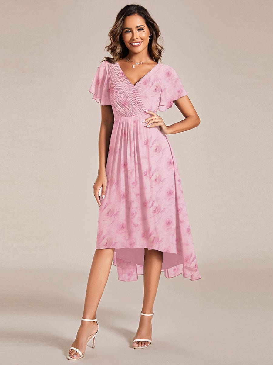 Elegant V-Neck Flowy High-Low Short Sleeve Wedding Guest Dress #color_Light Purple Roses