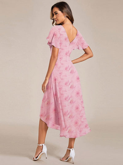 Elegant V-Neck Flowy High-Low Short Sleeve Wedding Guest Dress #color_Light Purple Roses