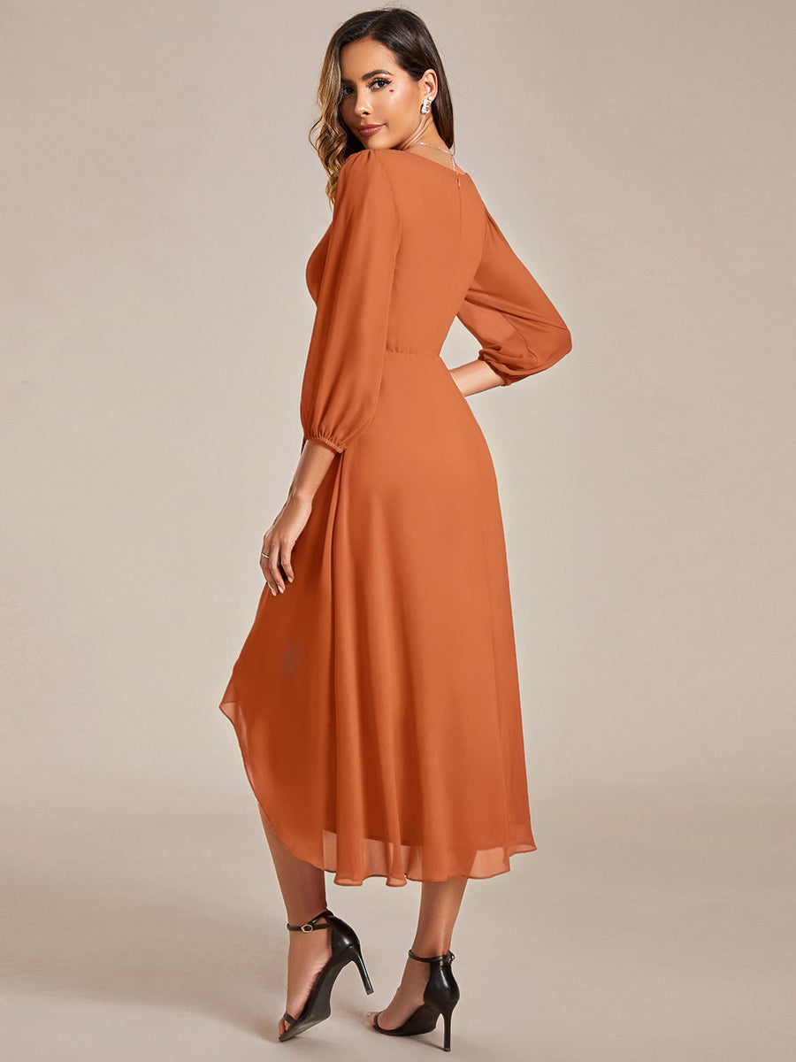 See-Through Long Sleeves V-Neck A-Line Chiffon Wedding Guest Dress #color_Brandied Melon