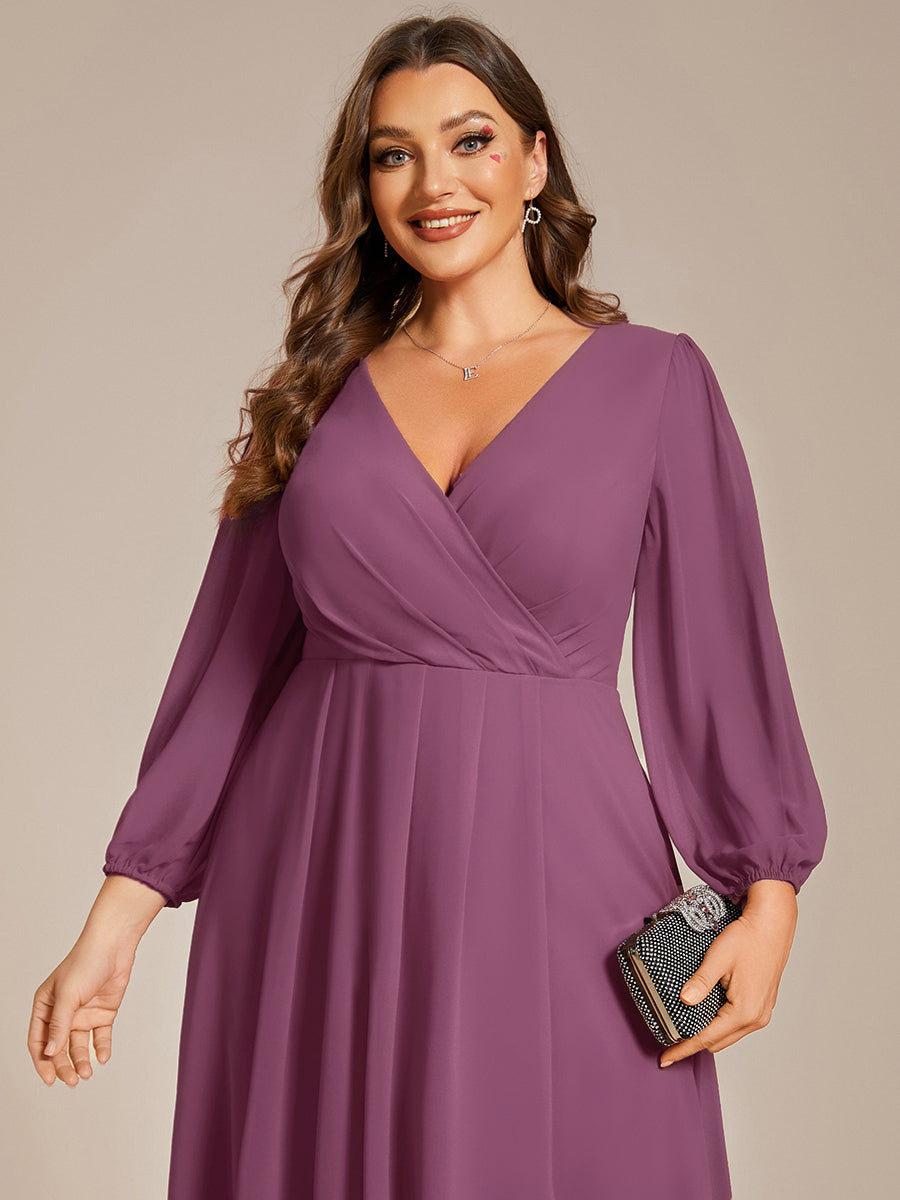 Plus Size Chiffon A-Line Long Sleeves Asymmetrical Hem Wedding Guest Dress #color_Damson