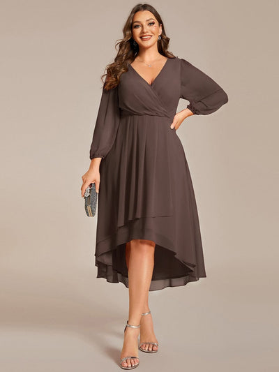 Plus Size Chiffon A-Line Long Sleeves Asymmetrical Hem Wedding Guest Dress #color_Espresso