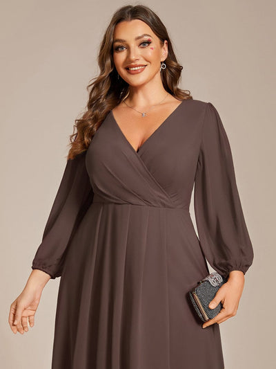 Plus Size Chiffon A-Line Long Sleeves Asymmetrical Hem Wedding Guest Dress #color_Espresso