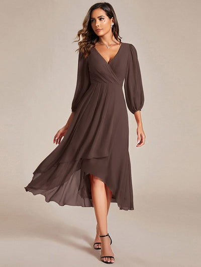 See-Through Long Sleeves V-Neck A-Line Chiffon Wedding Guest Dress #color_Espresso