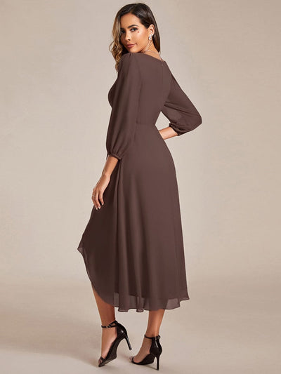 See-Through Long Sleeves V-Neck A-Line Chiffon Wedding Guest Dress #color_Espresso