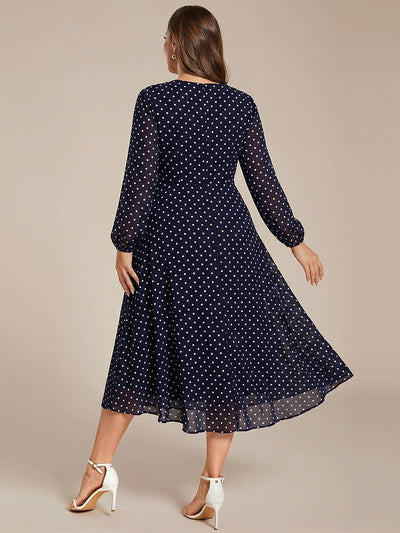 Plus Size Chiffon A-Line Long Sleeves Asymmetrical Hem Wedding Guest Dress #color_Navy Blue Polka Dots