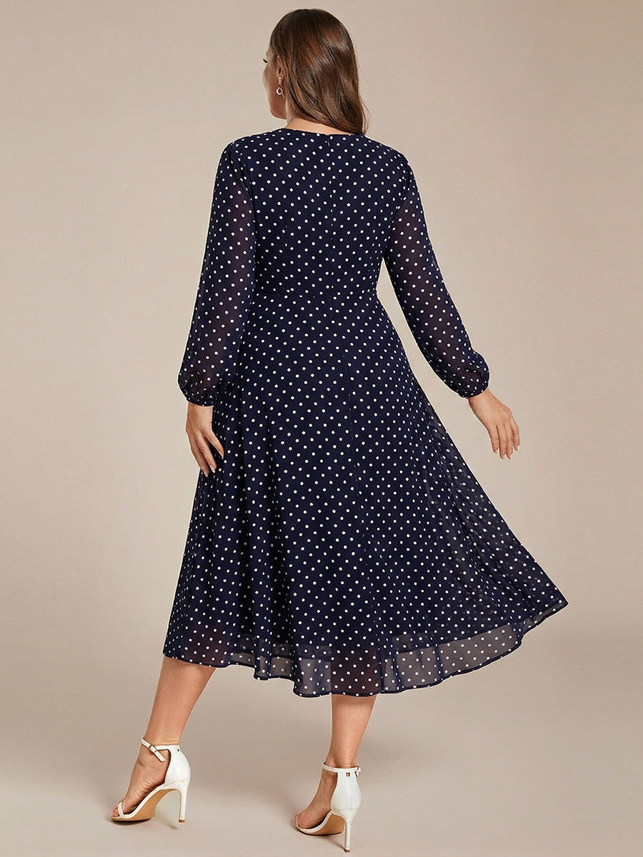 Plus Size Chiffon A-Line Long Sleeves Asymmetrical Hem Wedding Guest Dress #color_Navy Blue Polka Dots
