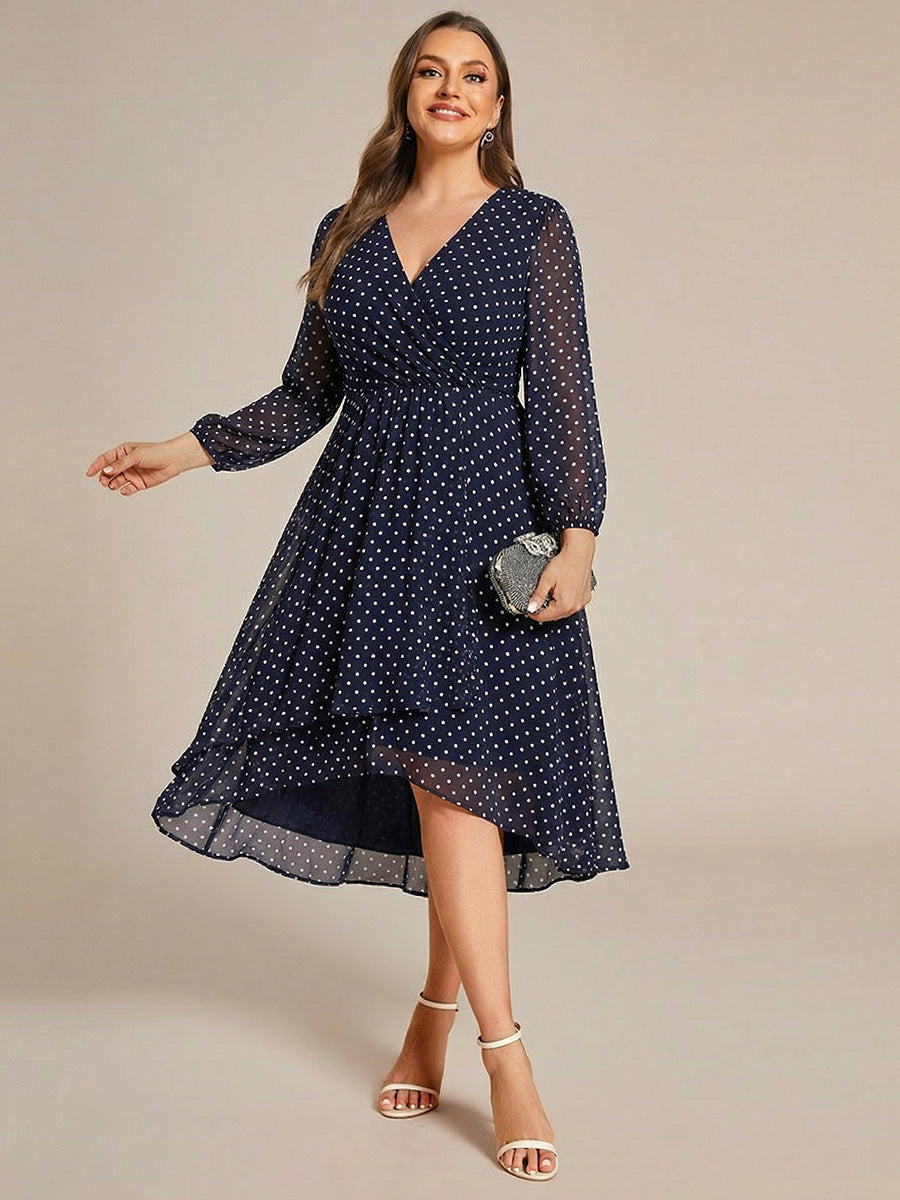 See-Through Long Sleeves V-Neck A-Line Chiffon Wedding Guest Dress #color_Navy Blue Polka Dots