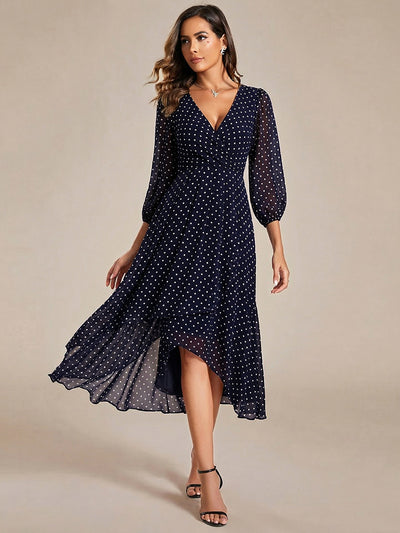 Long Sleeves Asymmetrical Hem A-Line Midi Wedding Guest Dress #color_Navy Blue Polka Dots