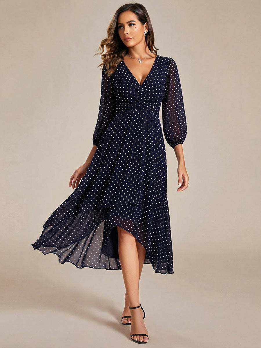 Long Sleeves Asymmetrical Hem A-Line Midi Wedding Guest Dress #color_Navy Blue Polka Dots